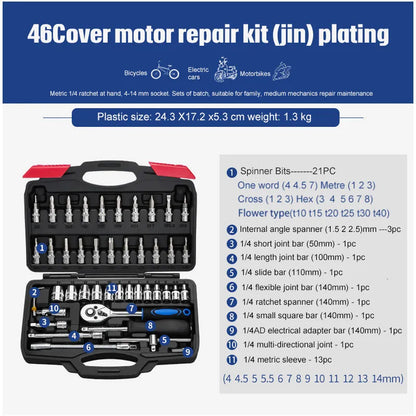 46-piece socket ratchet wrench set with Cr-V steel construction and 72-tooth ratchet mechanism for DIY repairs