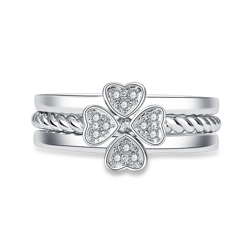 Adjustable four-leaf clover spinning ring set for women with shiny zircon stones