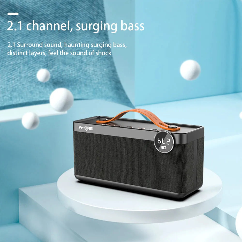 Black portable Bluetooth speaker with microphone, 215.3 x 86.3 x 109mm, USB charging, for calls and music