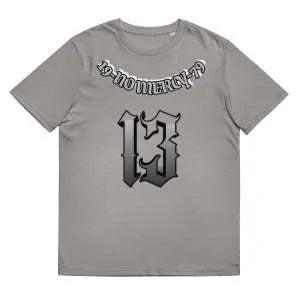 A loose-fitting grey cotton T-shirt with short sleeves and a round neck on a hanger.