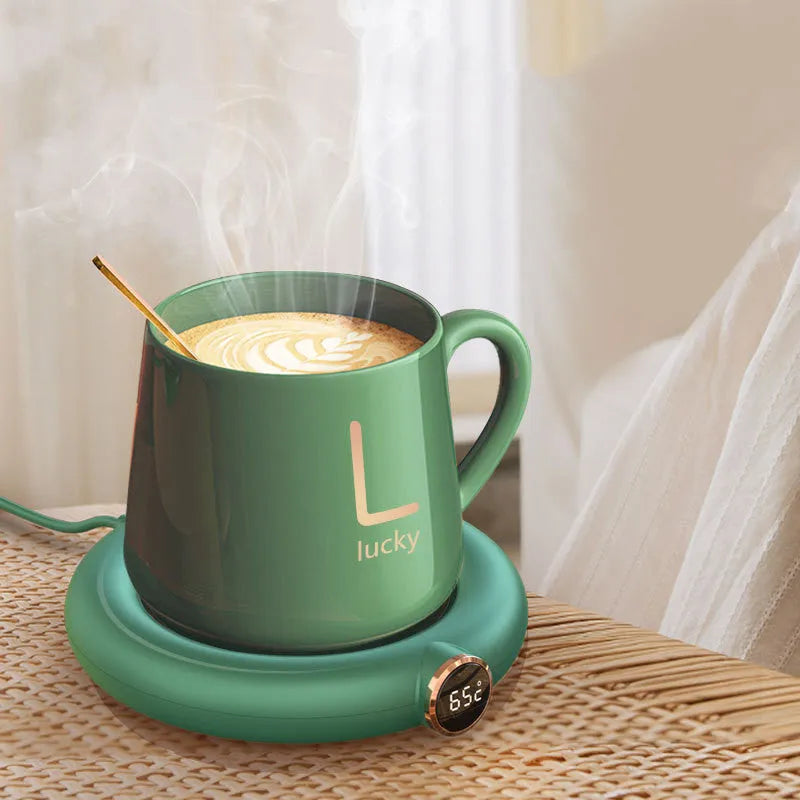 White USB coffee mug warmer heating pad on wooden desk