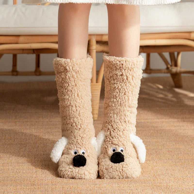 Cozy cartoon dog socks in various colors featuring plush, non-slip designs for comfortable winter wear