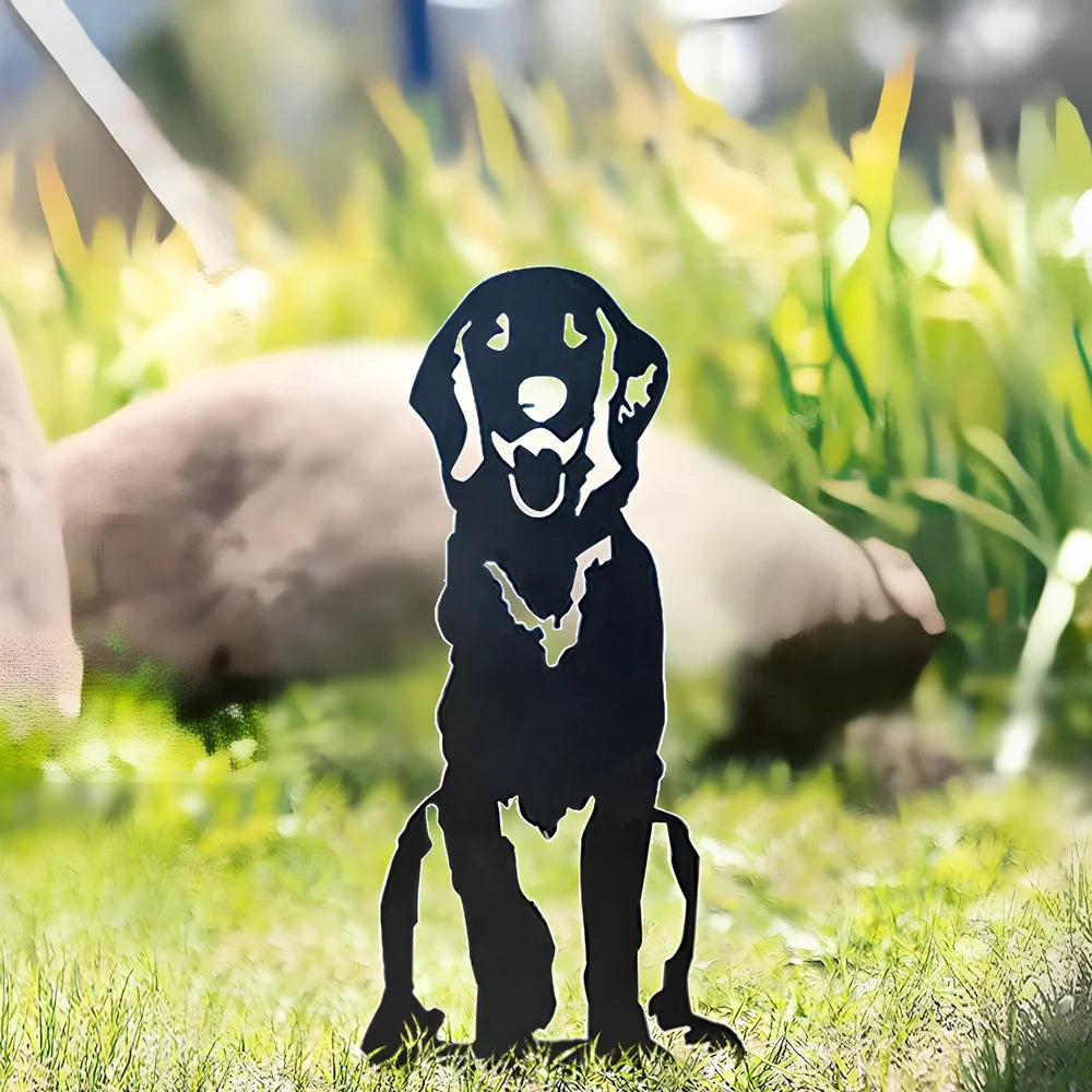 Metal dog silhouette garden decoration showing breed outline on iron background for outdoor display