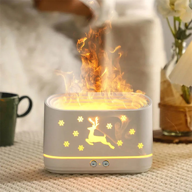 White Elk Flame humidifier diffuser with Christmas pattern and glowing adjustable flame effect.