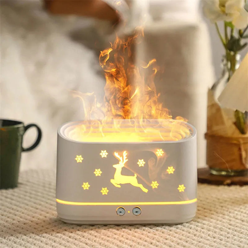 White flame humidifier diffuser with Christmas pattern, USB powered, two fog outlets and flame light effect
