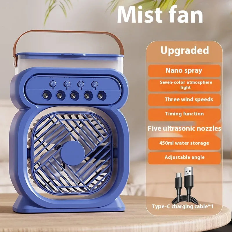 Portable evaporative air cooler humidifier fan with LED night lights in black, blue, green or white
