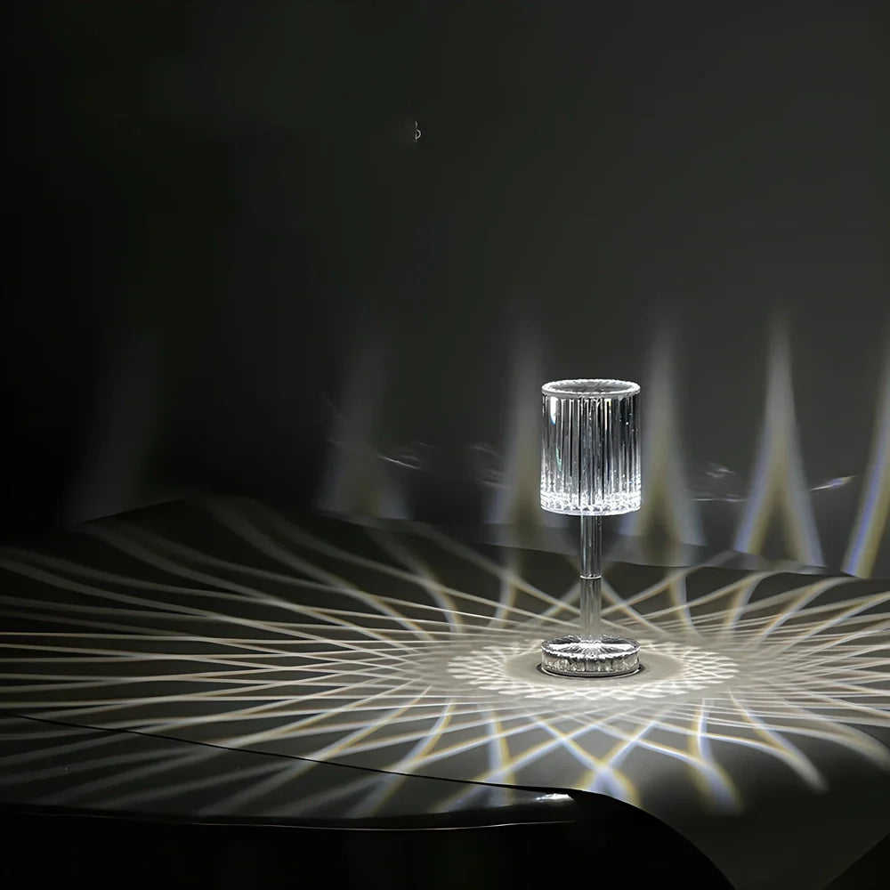 Transparent diamond crystal rechargeable table lamp with three-colour touch switch, ≤36V, for bedroom bedside ambience