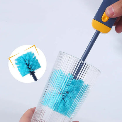 Blue and grey 4-in-1 multifunctional bottle and cup cleaning brush set with silicone, wire, and bristle heads.