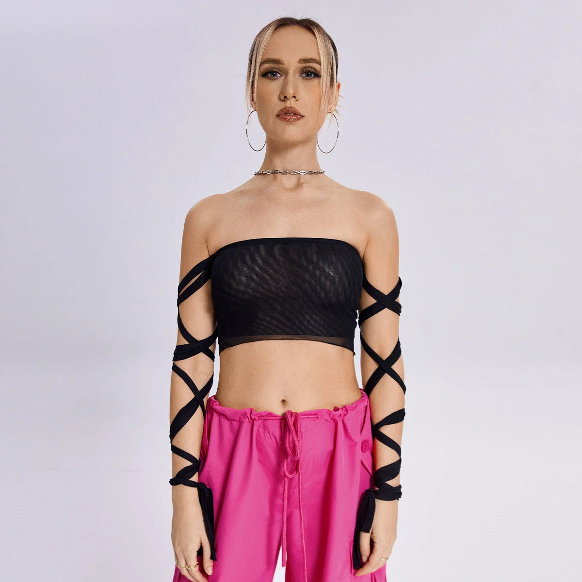 Stylish women's black tank top with elastic cross-arm design, perfect for casual summer wear