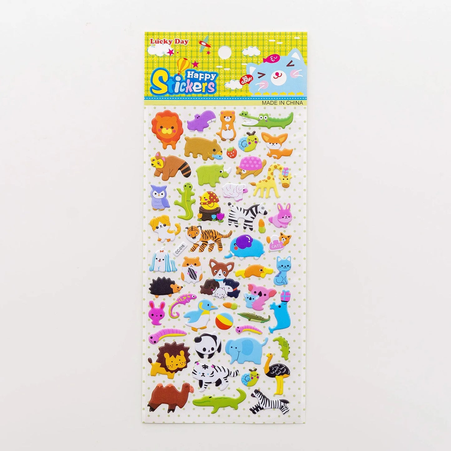 Cartoon three-dimensional bubble stickers showing colourful animal, food and pattern designs for decoration