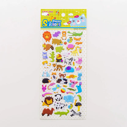 Cartoon three-dimensional bubble stickers showing colourful animal, food and pattern designs for decoration