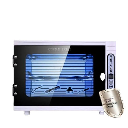 Small ultraviolet steriliser with silver colour plate shell and stainless steel interior chamber for salon tool sanitisation