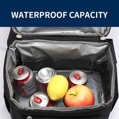 Blue insulated cooler backpack with shoulder straps and top handle