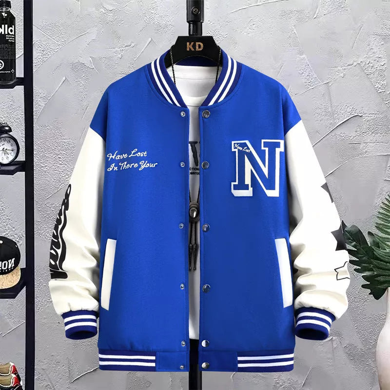 Men's letter print color block baseball jacket in black, blue, or green with round neck and button details