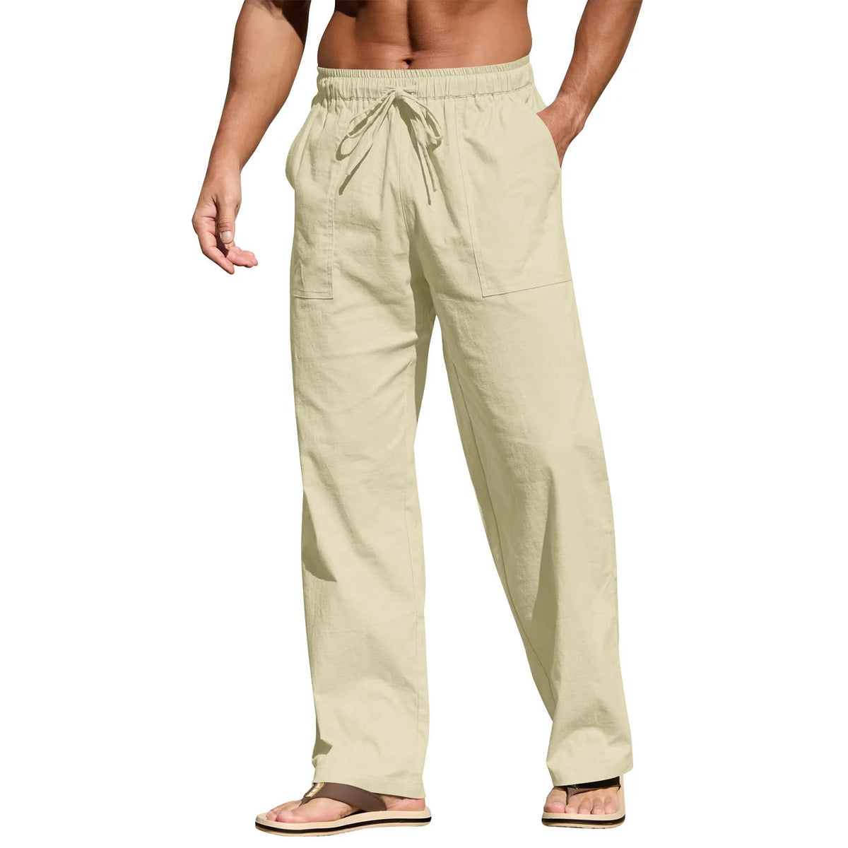 Men's straight leg cotton linen beach trousers with drawstring elastic waist