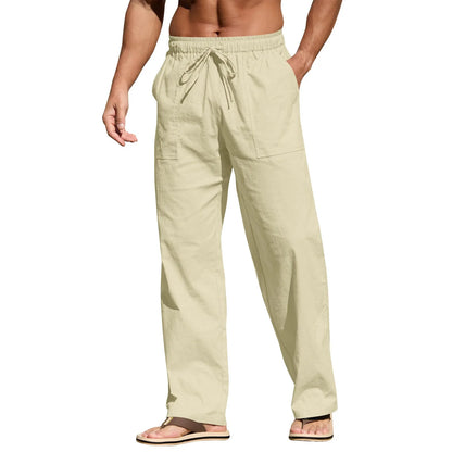 Men's straight leg cotton linen beach trousers with drawstring elastic waist