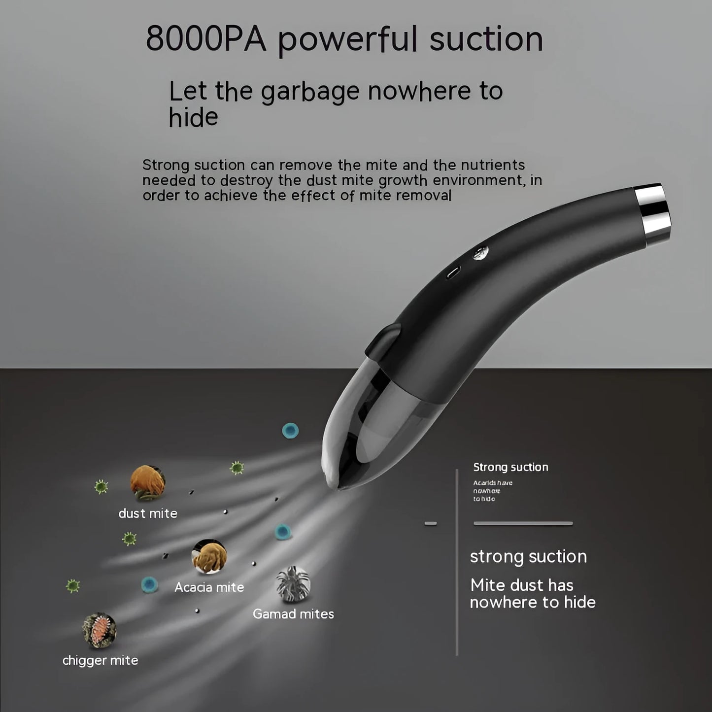 Handheld cordless car vacuum cleaner in black colour with USB charging cable, shown next to a car seat.