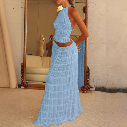 Sleeveless backless crop top and pleated maxi dress set in various colors