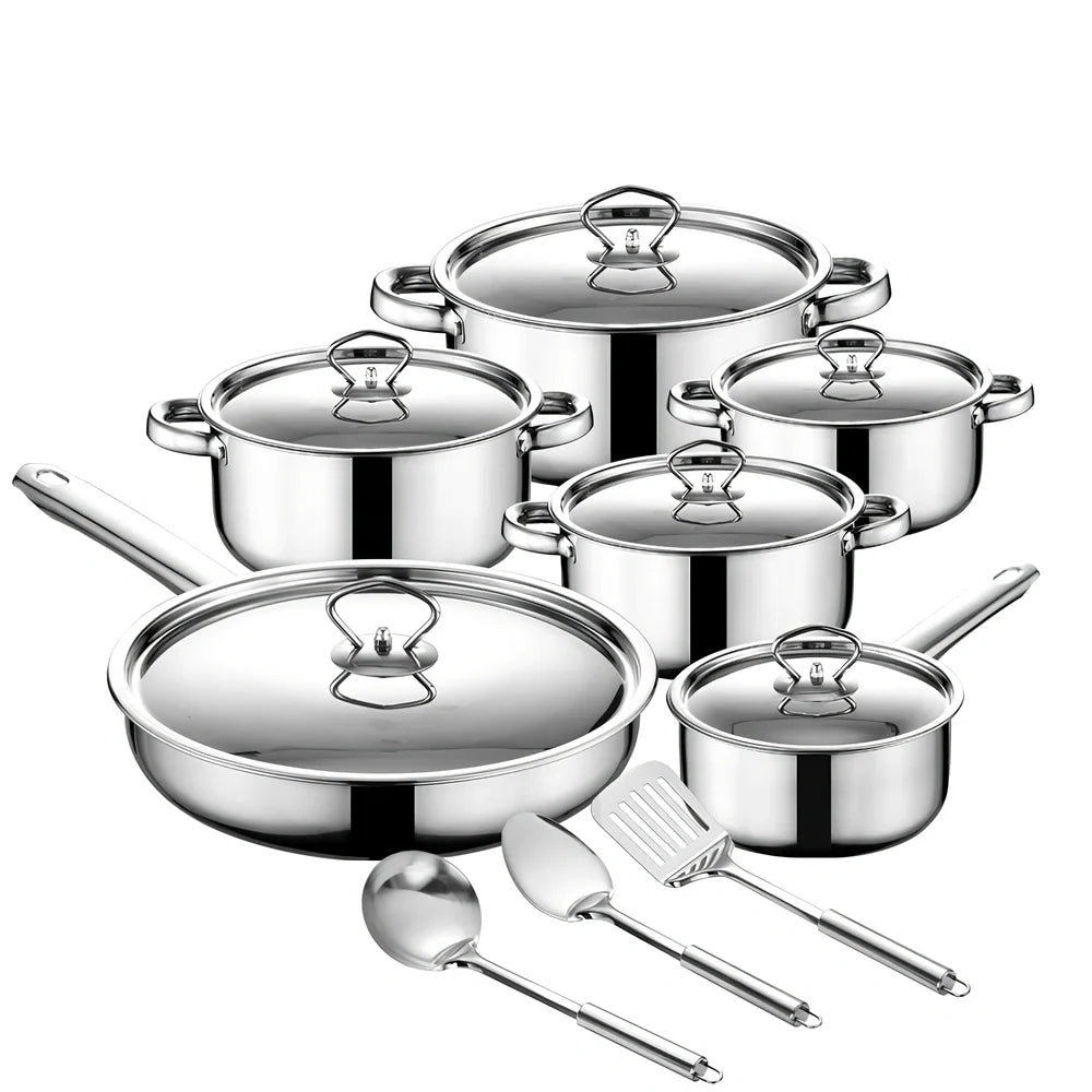 Stainless steel cookware set with 12 pots, glass lids, and utensils in compact 45cm storage package