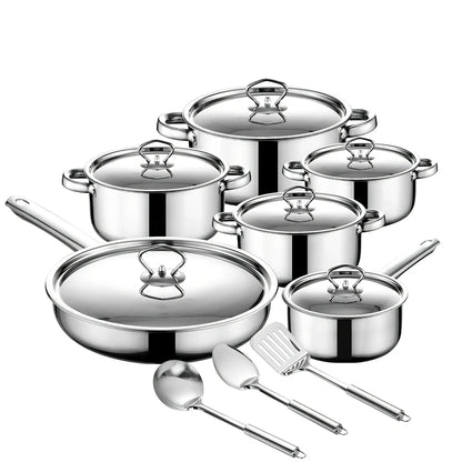 Stainless steel cookware set with 12 pots, glass lids, and utensils in compact 45cm storage package