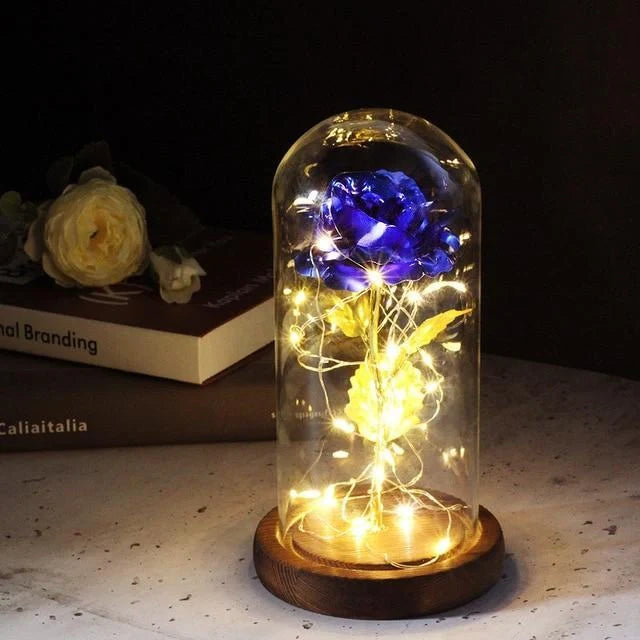 Enchanted Forever Rose in Glass LED Light Christmas Decoration with wooden base