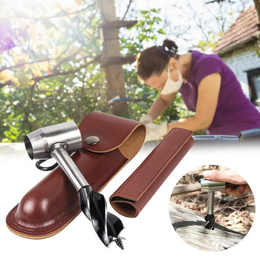 Versatile Outdoor Survival Auger Drill with Leather Case and Alloy Construction for Camping, Bushcraft, and Outdoor Projects