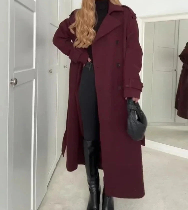 Premium woolen coat in wine red color with double-breasted design and belt for women's winter fashion