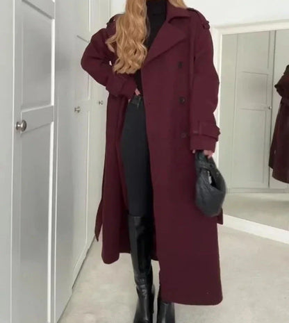 Premium woolen coat in wine red color with double-breasted design and belt for women's winter fashion