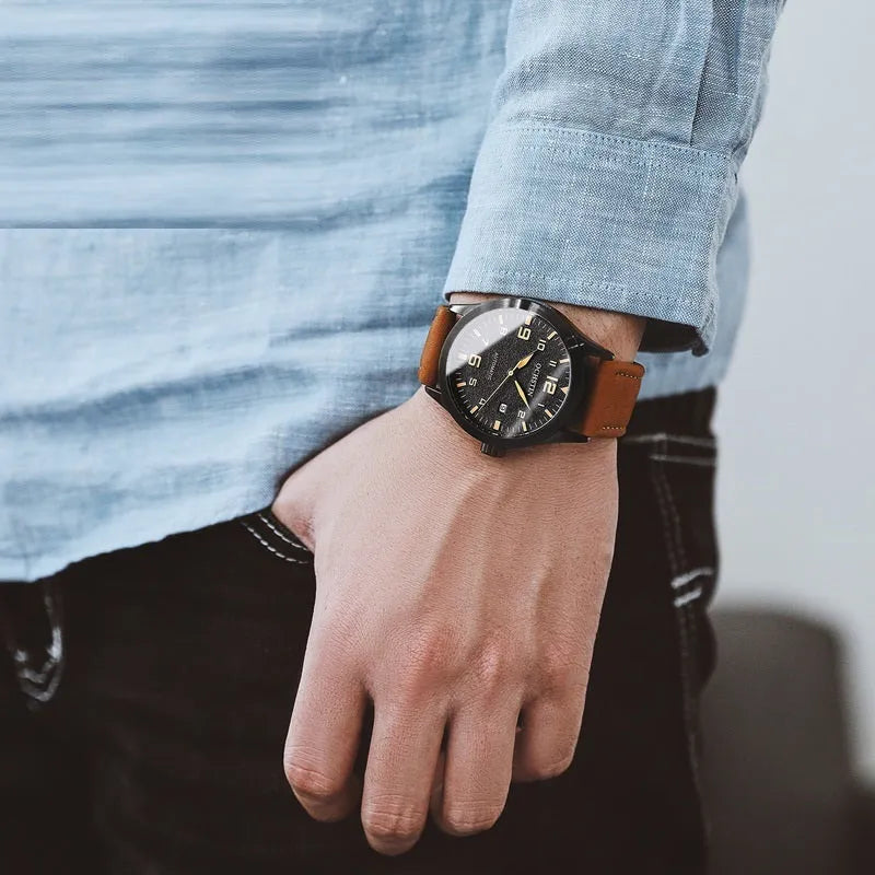 Casual business retro leather automatic mechanical watch with 12mm thickness on wrist, showing colour options