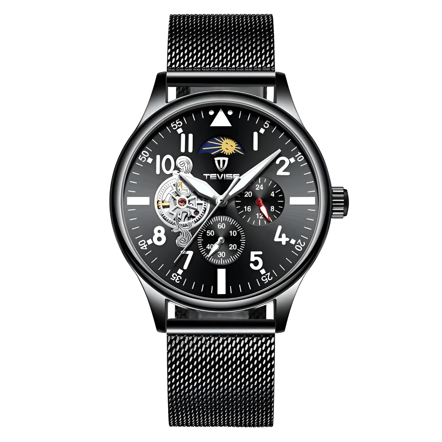 Men's black mechanical watch with moon phase indicator and luminous hands on alloy case