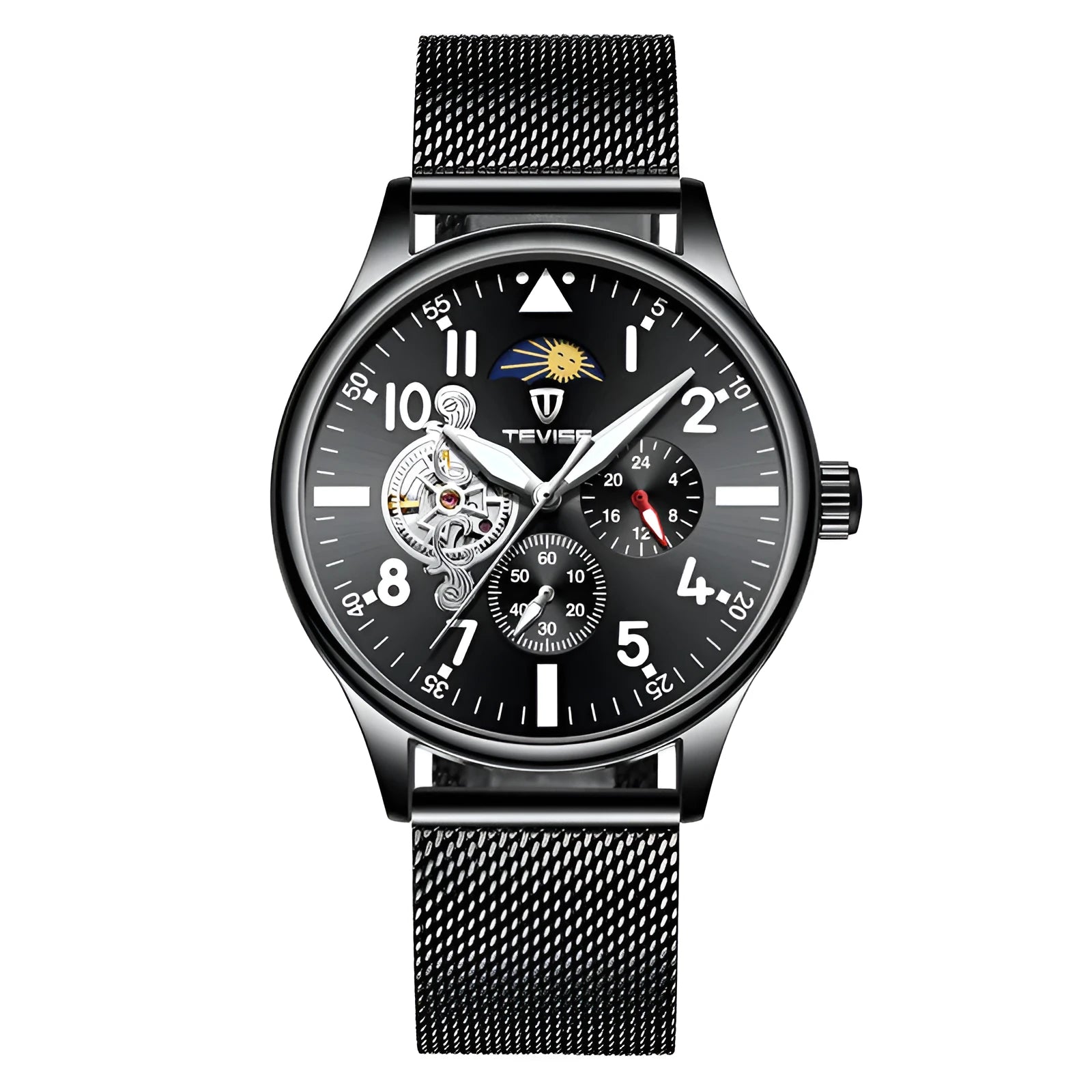 Men's black mechanical watch with moon phase indicator and luminous hands on alloy case