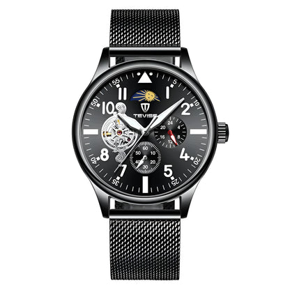 Men's black mechanical watch with moon phase indicator and luminous hands on alloy case