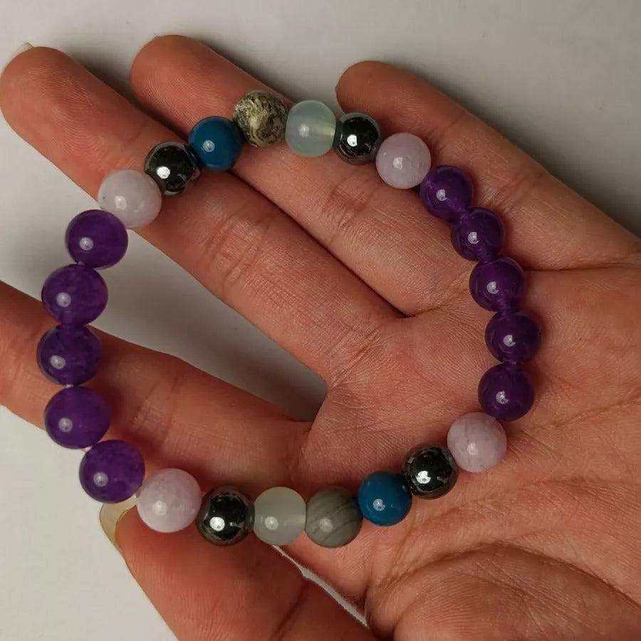 Boho Style 8mm Beaded Bracelet with genuine gemstone beads in purple