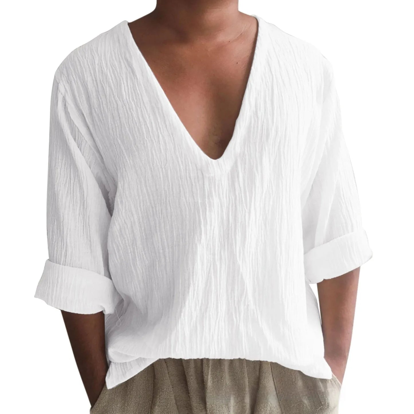 Men's washed cotton long sleeve V-neck t-shirt in a solid colour on a hanger.