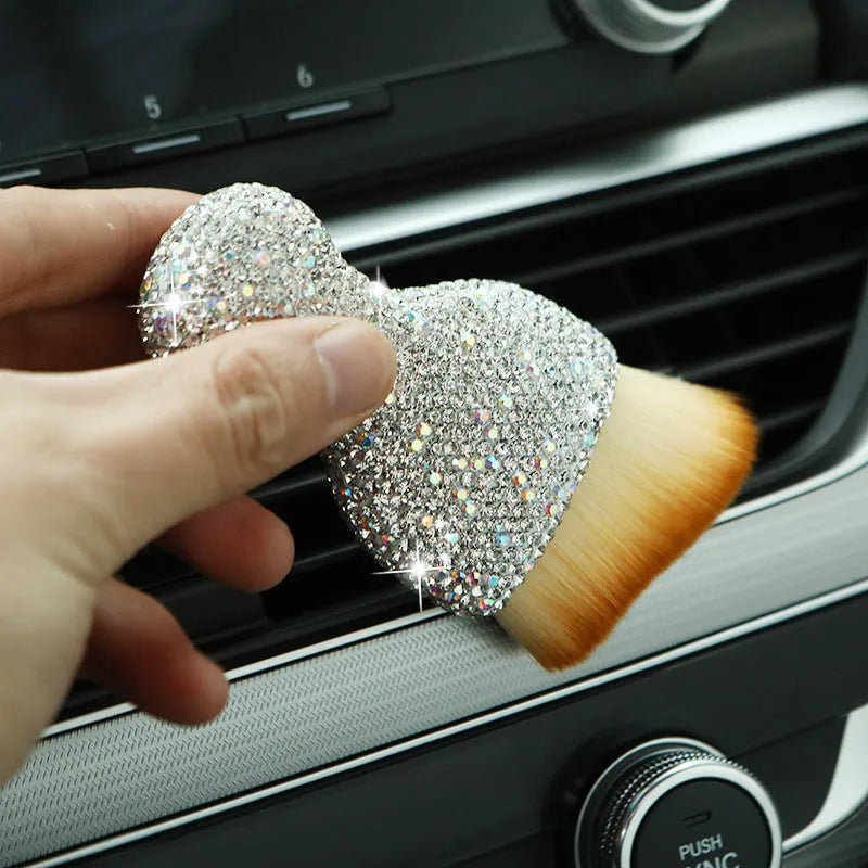Car interior cleaning brush soft dust removal tool with PVC bristles measuring 10cm length, 5cm width and 2.5cm thickness available in black without diamonds, pink, or white colour options for dashboard and console maintenance
