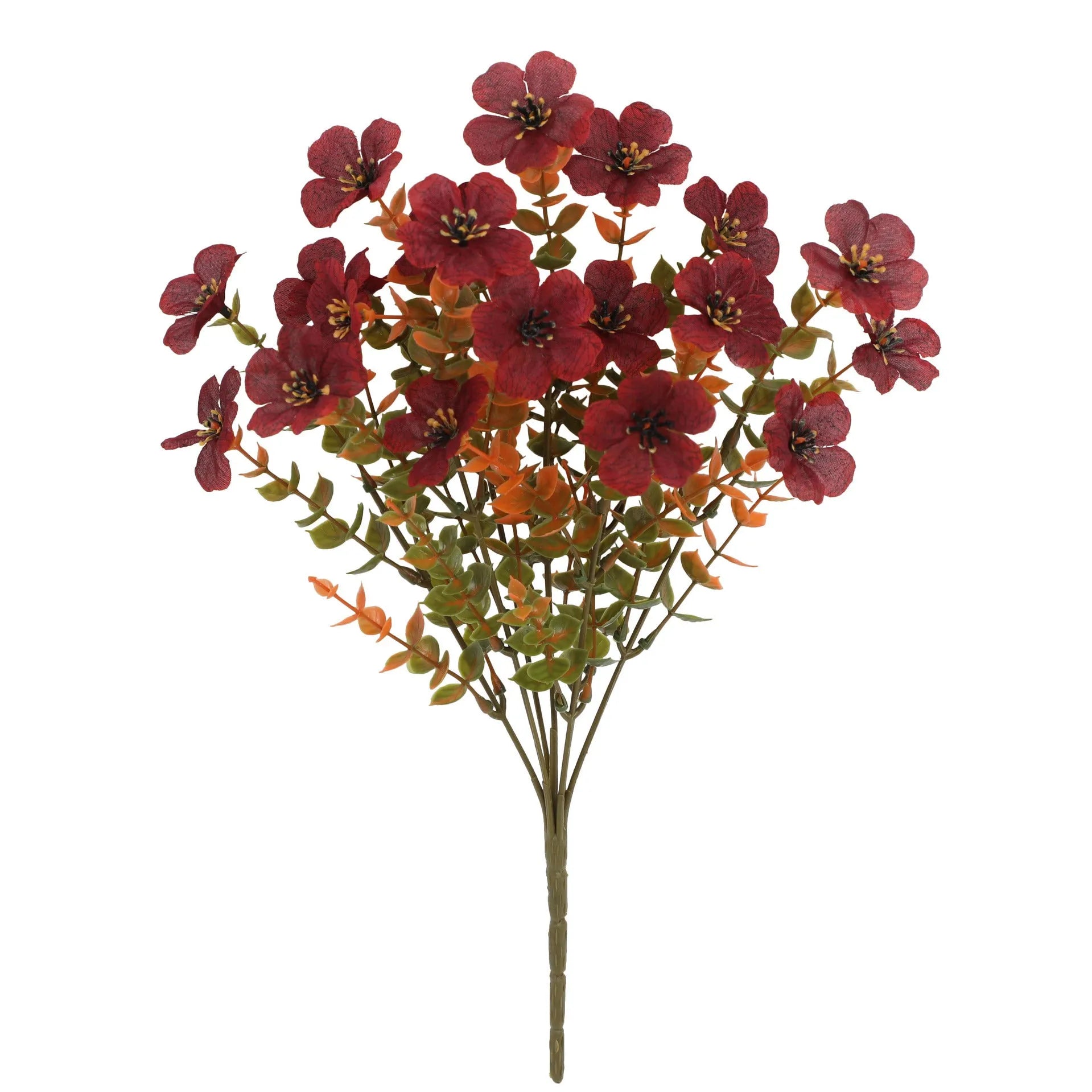 Autumn coloured artificial flower bouquet with plastic and silk flowers for decoration.