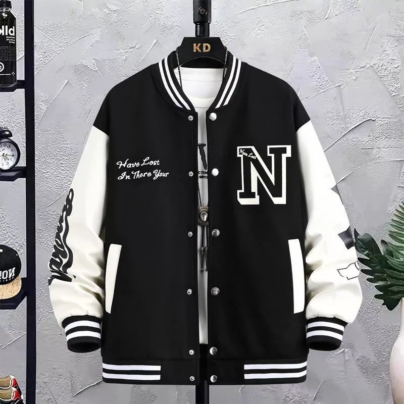 Men's letter print color block baseball jacket in black, blue, or green with round neck and button details
