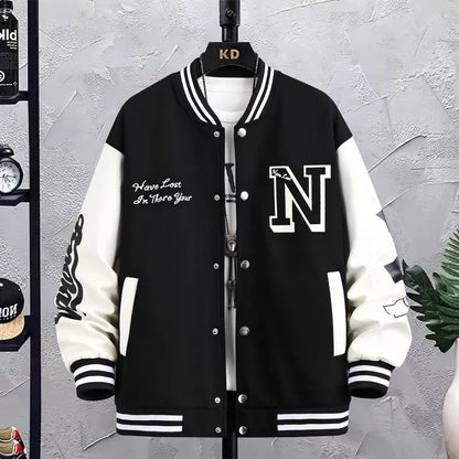 Men's letter print color block baseball jacket in black, blue, or green with round neck and button details