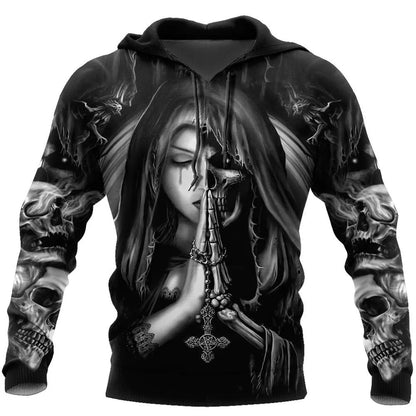 A grey hooded sweatshirt featuring a large 3D printed graphic of an anime-style skull, with the hood up.