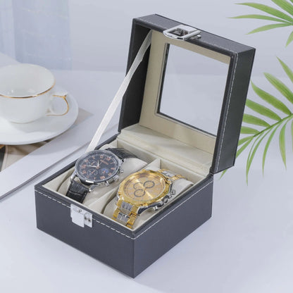 Grey high-grade leather watch storage box with transparent lid showing multiple watch compartments.