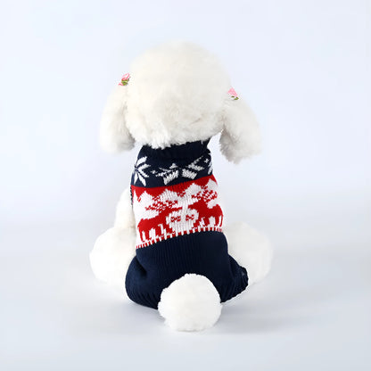 Navy blue knitted Christmas sweater for dogs on a festive background