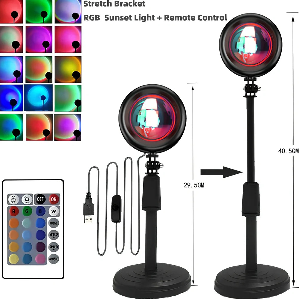 Sunset projection lamp with remote control showing rainbow colour lighting effects on wall