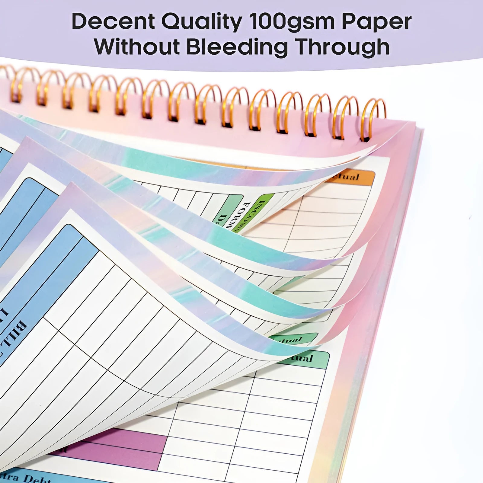 B5 size budget notebook with blue PP plastic cover and spiral binding, open on a desk.