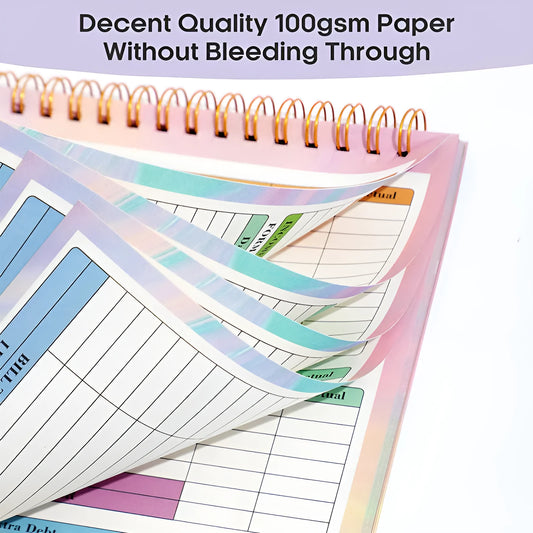 B5 size budget notebook with blue PP plastic cover and spiral binding, open on a desk.