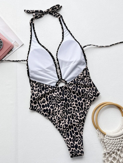 Leopard print hollow-out ring bikini style one-piece swimsuit for women