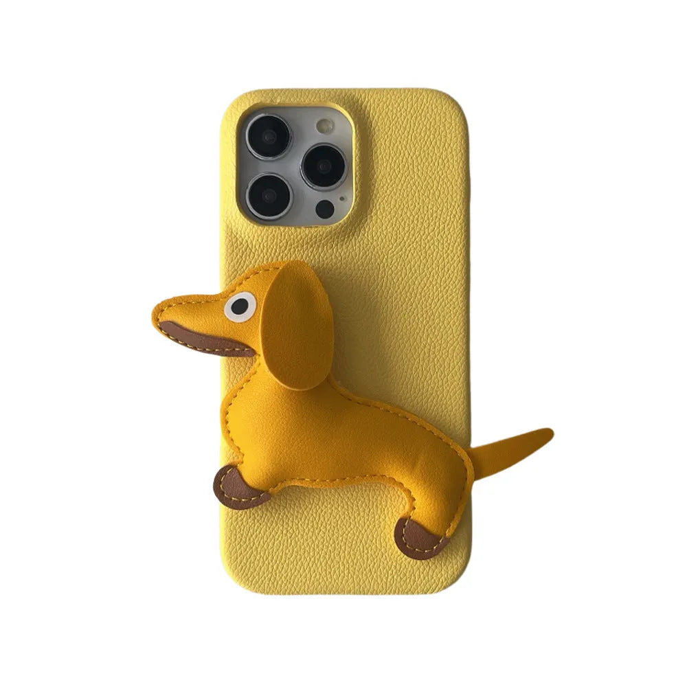 Leather sausage dog iPhone case with embossed 3D dachshund design in brown, all-inclusive anti-fall cover