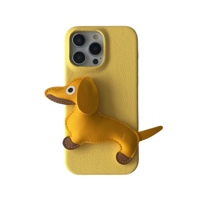 Leather sausage dog iPhone case with embossed 3D dachshund design in brown, all-inclusive anti-fall cover
