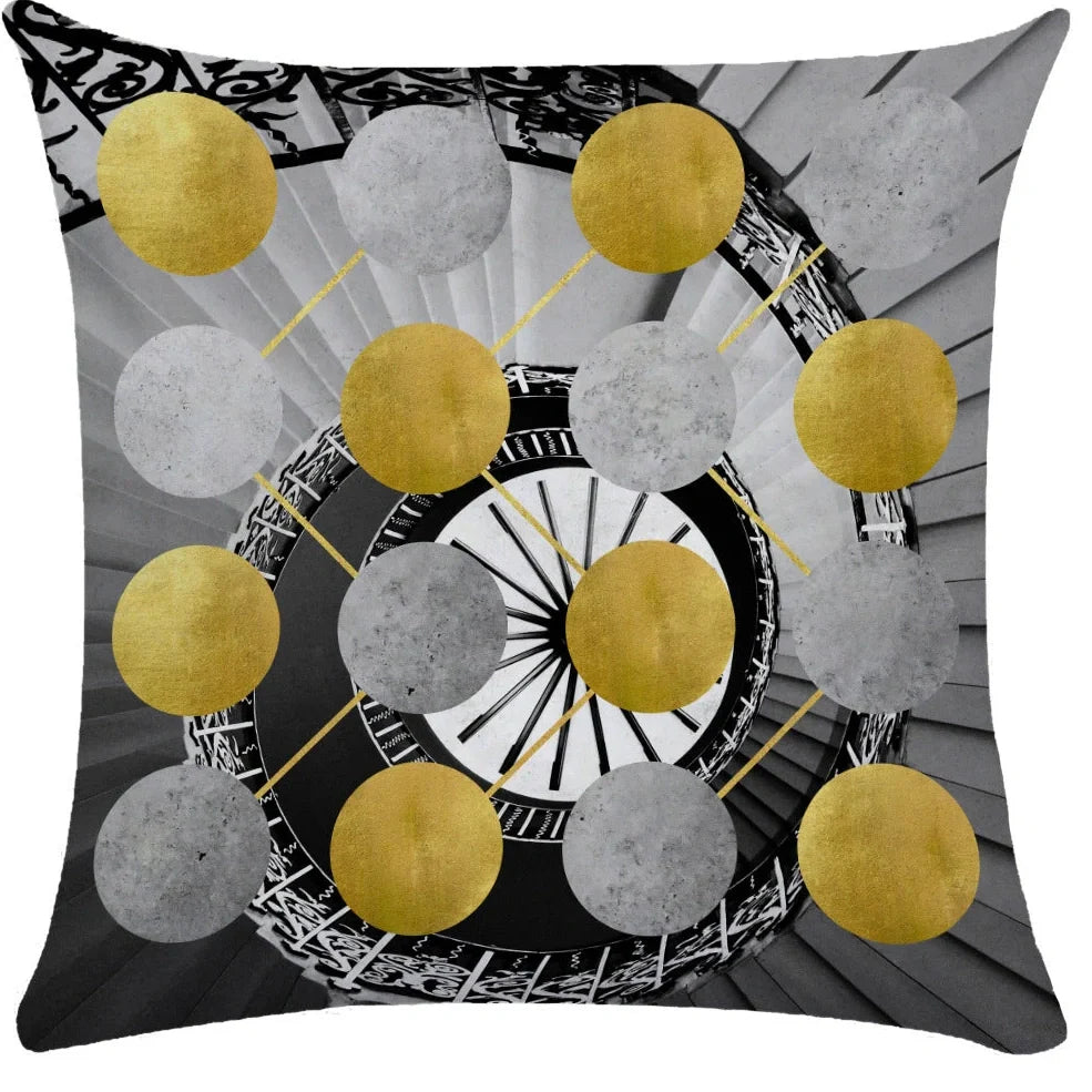 Geometric pattern throw pillow on office sofa showing 45x45cm size with plush fabric texture