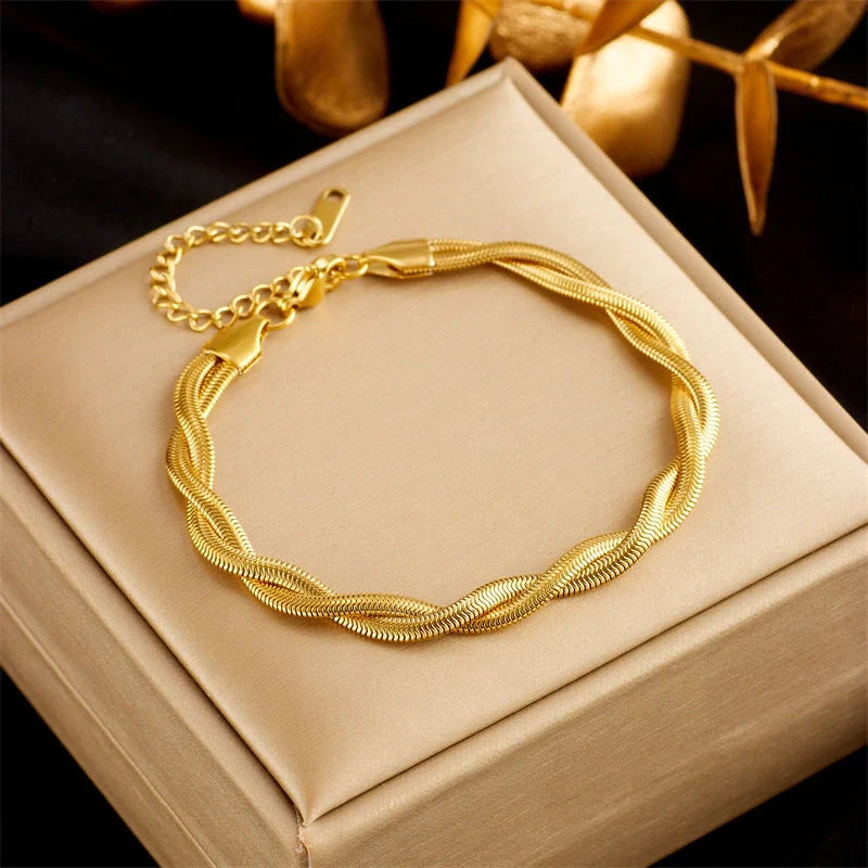 Gold plated punk fashion double layer bracelet with snake chain design