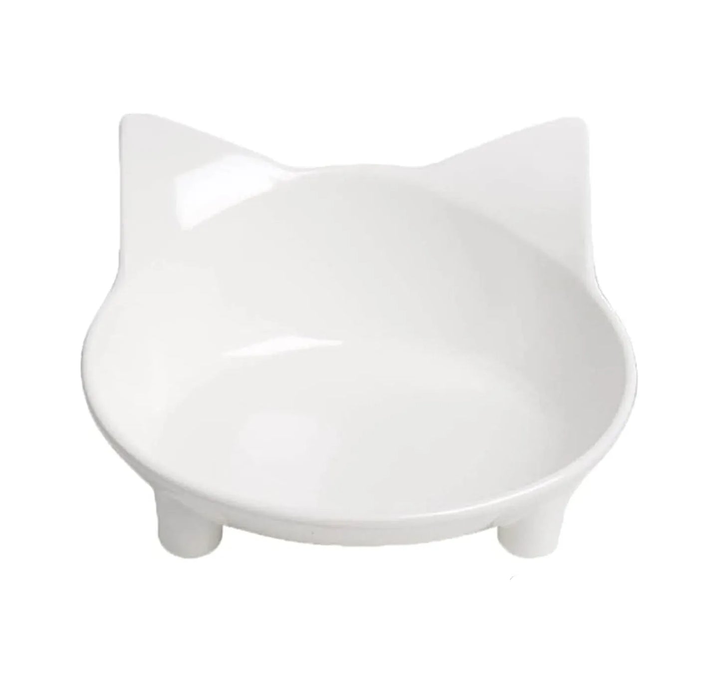 White shallow melamine cat bowl with non-slip black rubber base on a wooden floor.